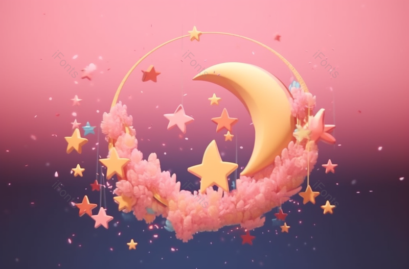 3D渲染粉色渐变月亮星星背景,插画/手绘图,插画/手绘图库,插画/手绘图下载,插画/手绘